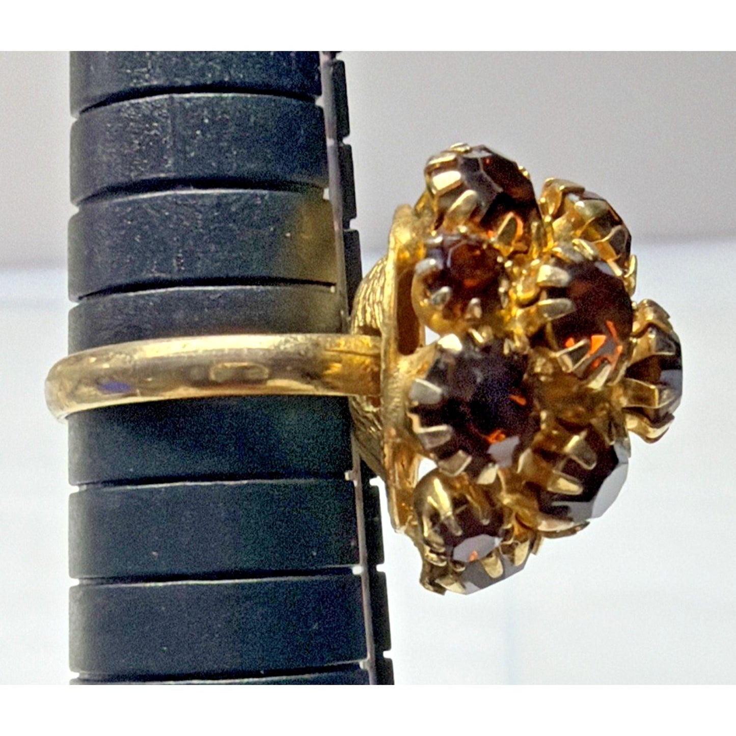 Vtg Gold Tone Adjustable Ring Amber Brown Rhinestone Cluster Prong Dome As Is