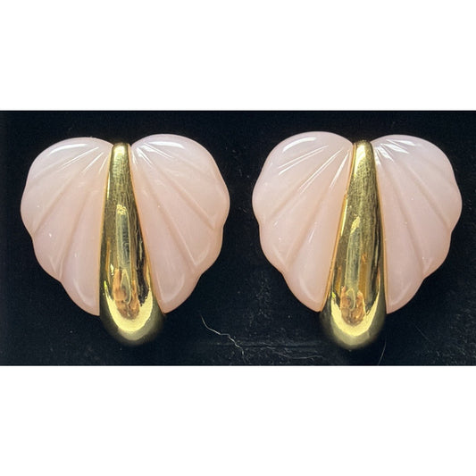 Vintage Avon Pastel Winter Pastels Pink Lucite Gold Toned Heart Earrings Ribbed