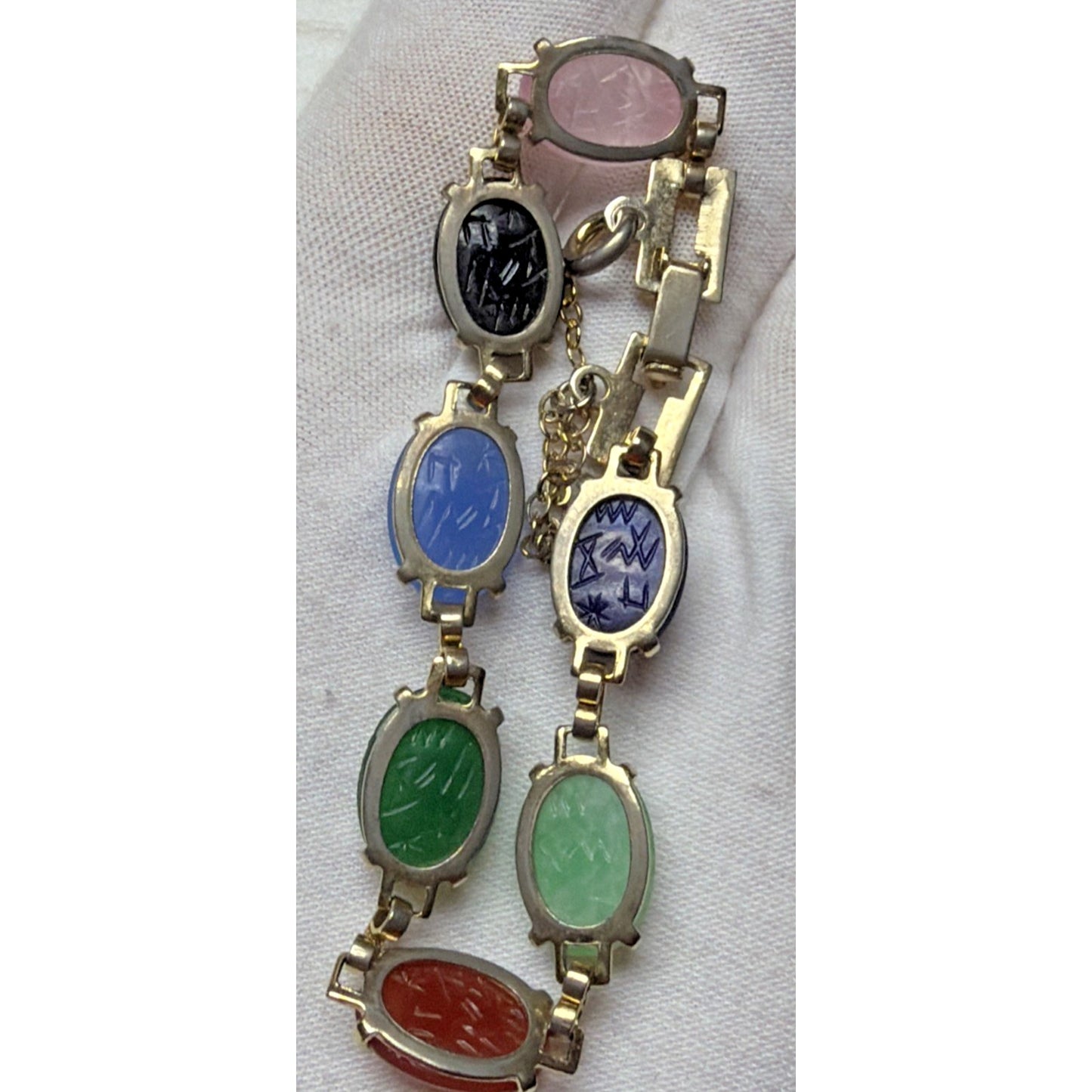 Egyptian Revival Carved Scarab Beatle Bracelet Link Security Chain As Is