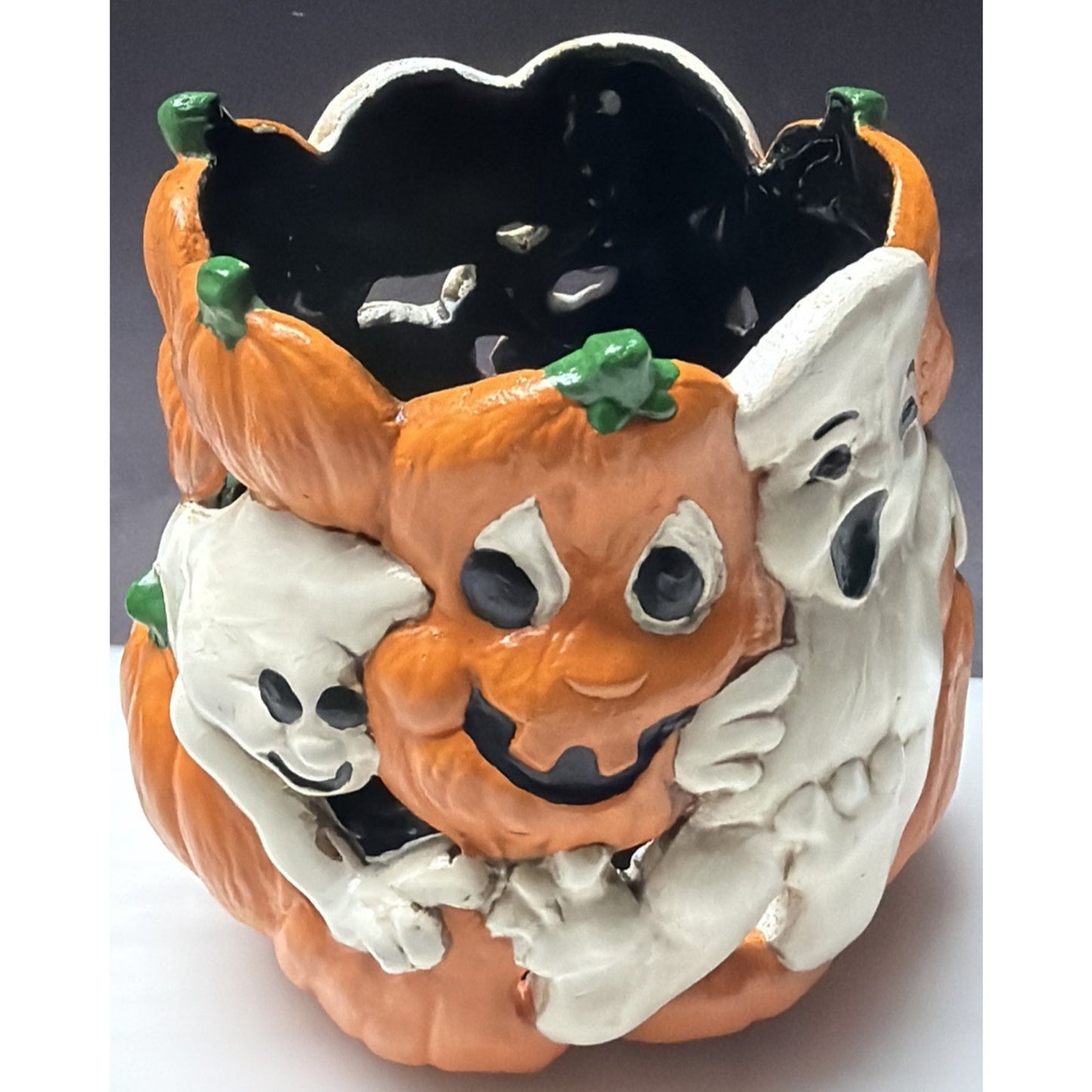 Vintage Holland Mold Halloween Ceramic Candle Holder Ghost Pumpkin Hand Painted