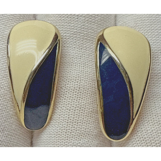 Vintage Crown Trifari Gold Tone Enamel Cream White Navy Blue Clip On Earrings