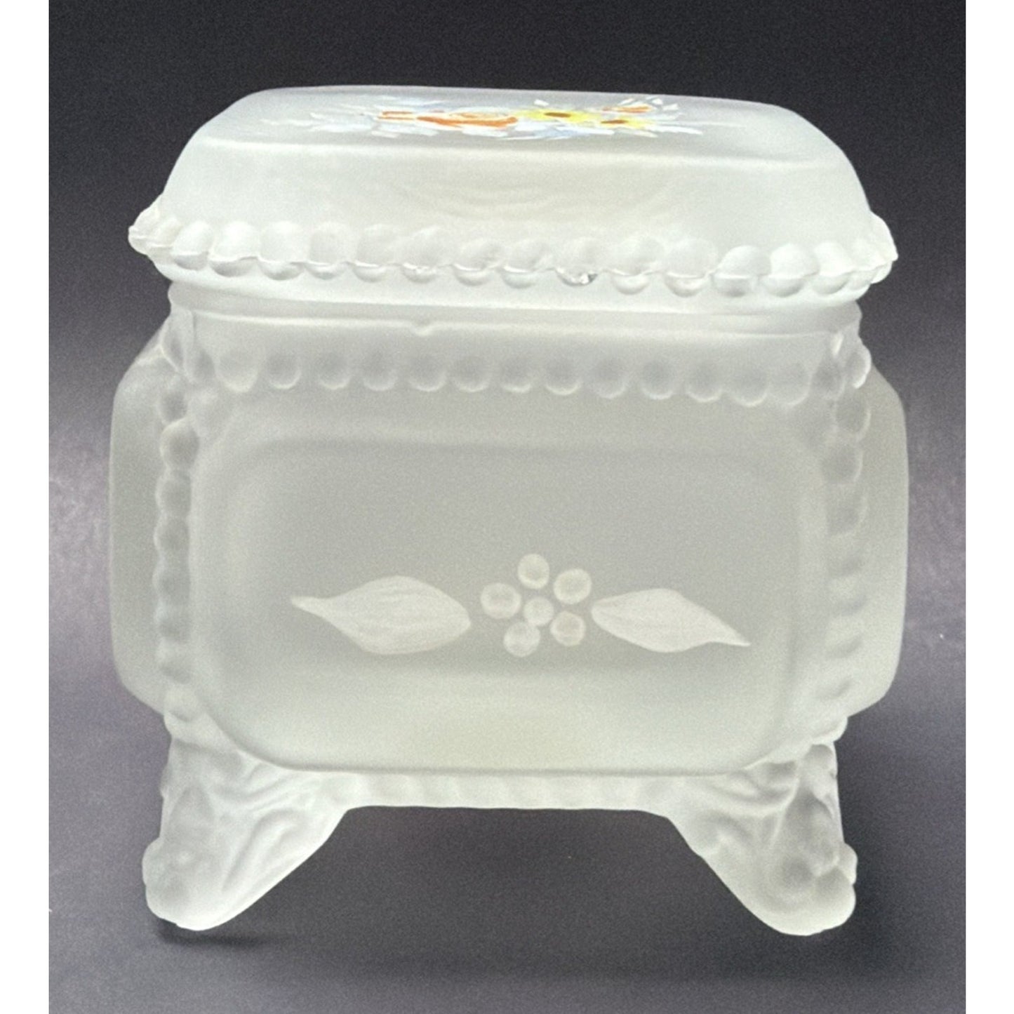 Vtg Westmoreland Frosted Satin Glass Beaded Rim Trinket Vanity Box Hand Painted