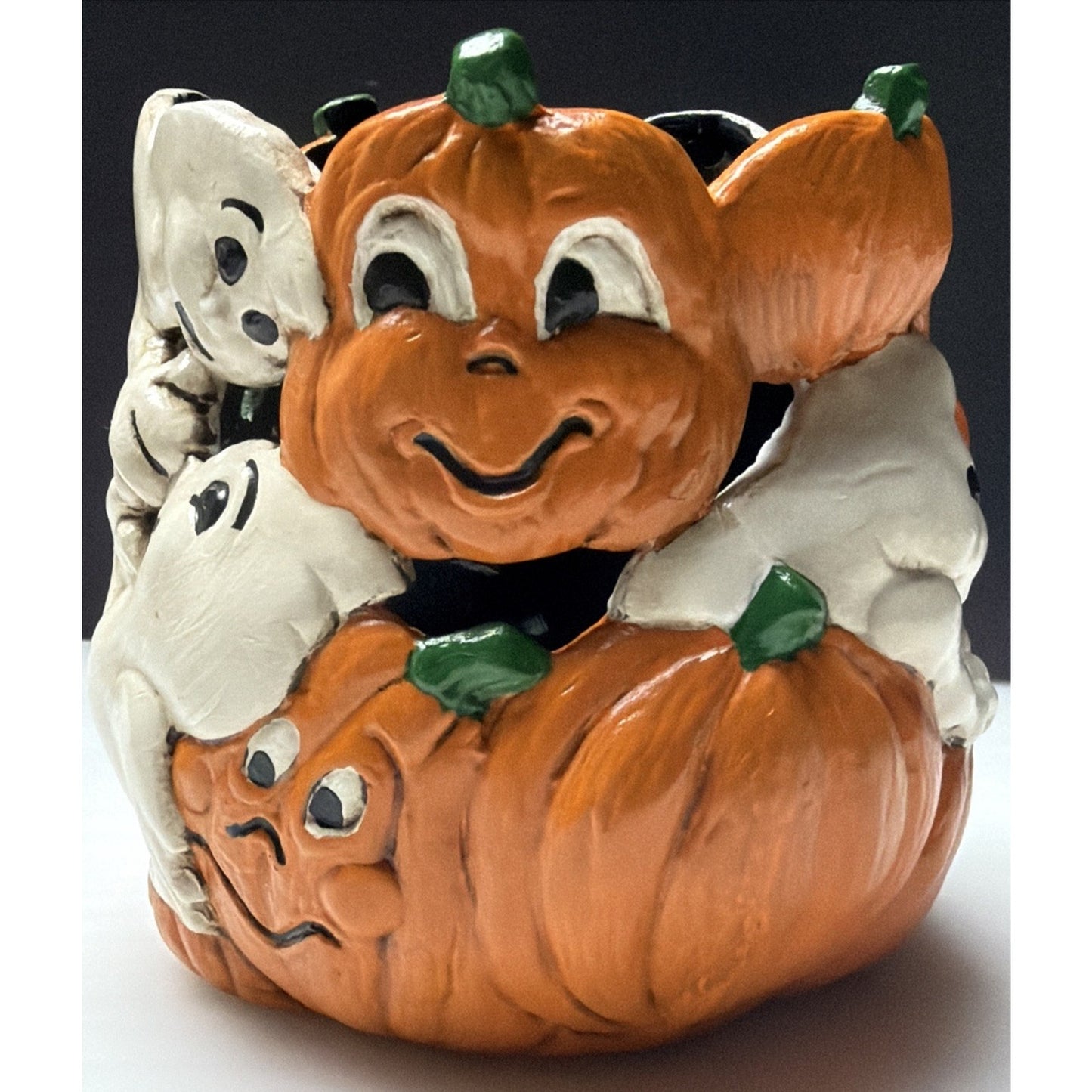 Vintage Holland Mold Halloween Ceramic Candle Holder Ghost Pumpkin Hand Painted