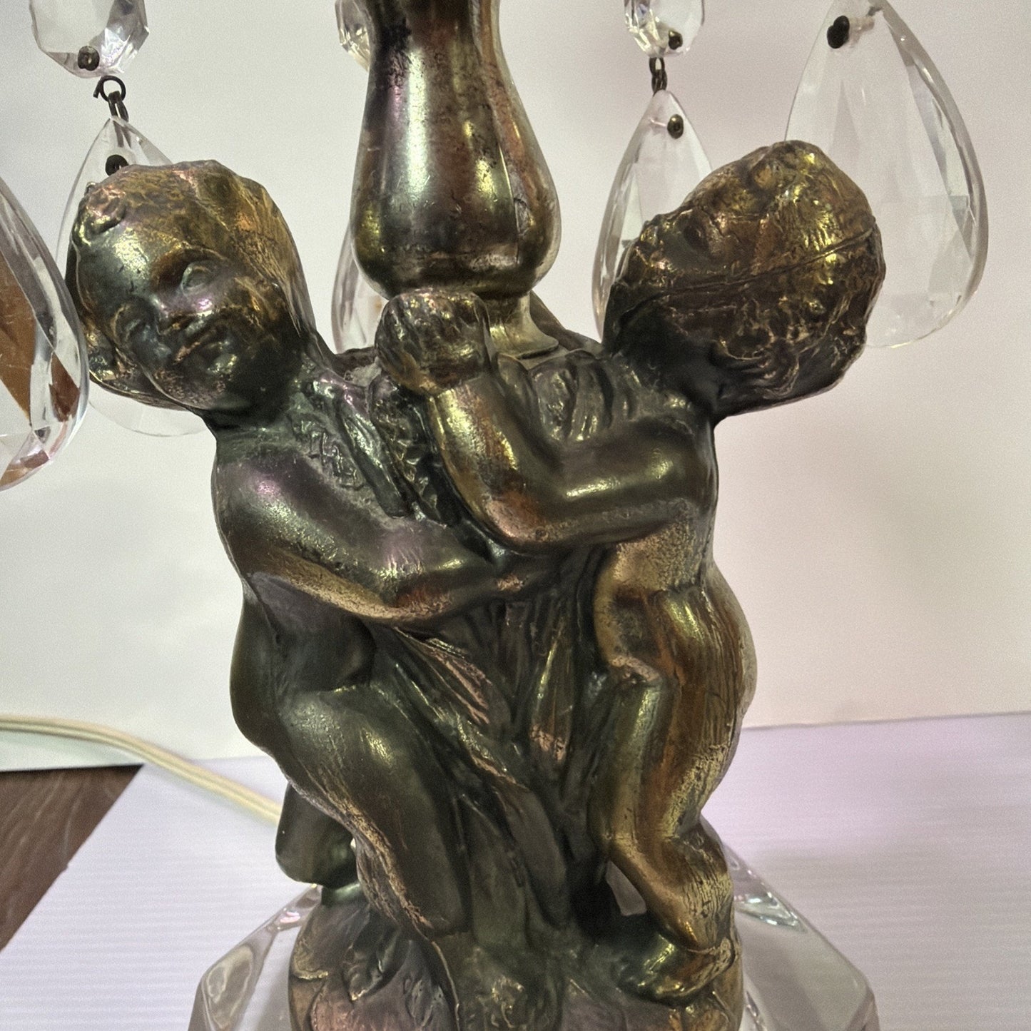 MCM Hollywood Regency Crystal Glass Brass Metal Waterfall Lamp Cherubs As Is