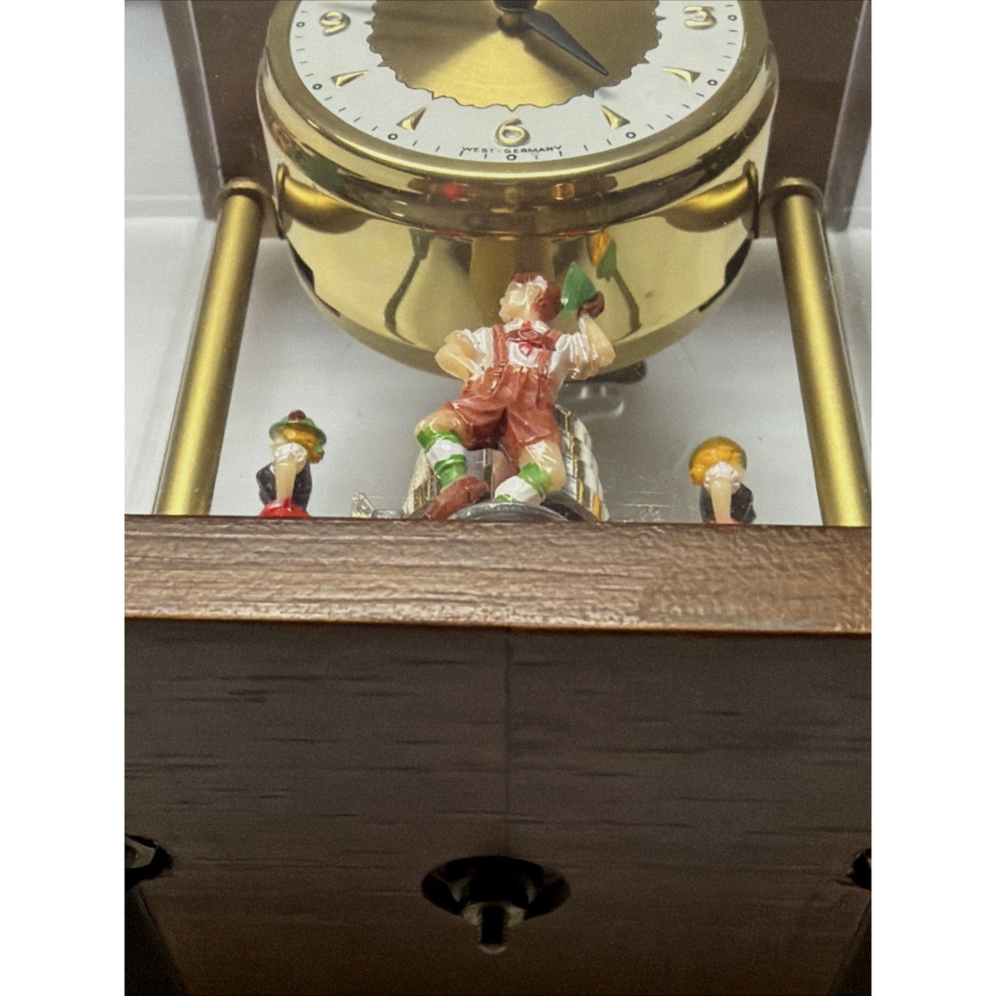 Schmid West Germany Wind Up Mantel Clock Torsion Pendulum Glass Wood Case As Is