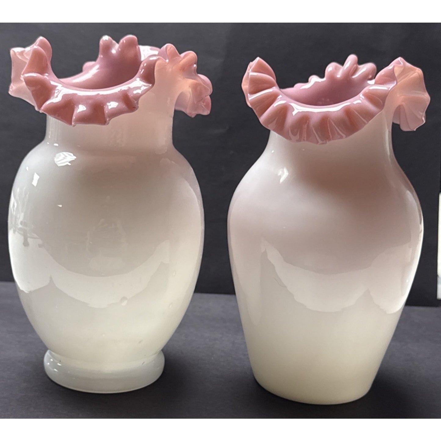 Victorian Lot of 3 Peachblow Glass Crimped Rim Pink White Vases As-Is