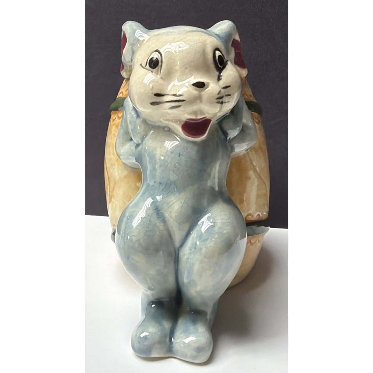Vintage MK Japan Anthropomorphic Bunny Rabbit Ceramic Barrel Egg Vase Easter