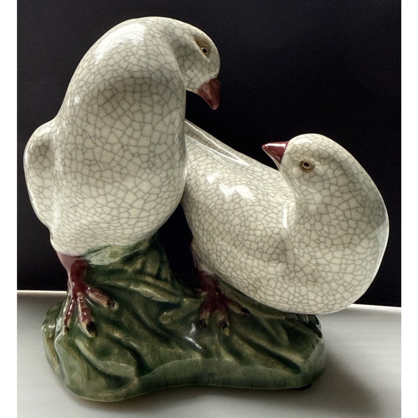 Vintage Chinese Crackle Glazed Majolica Pottery Doves Love Birds Sculpture