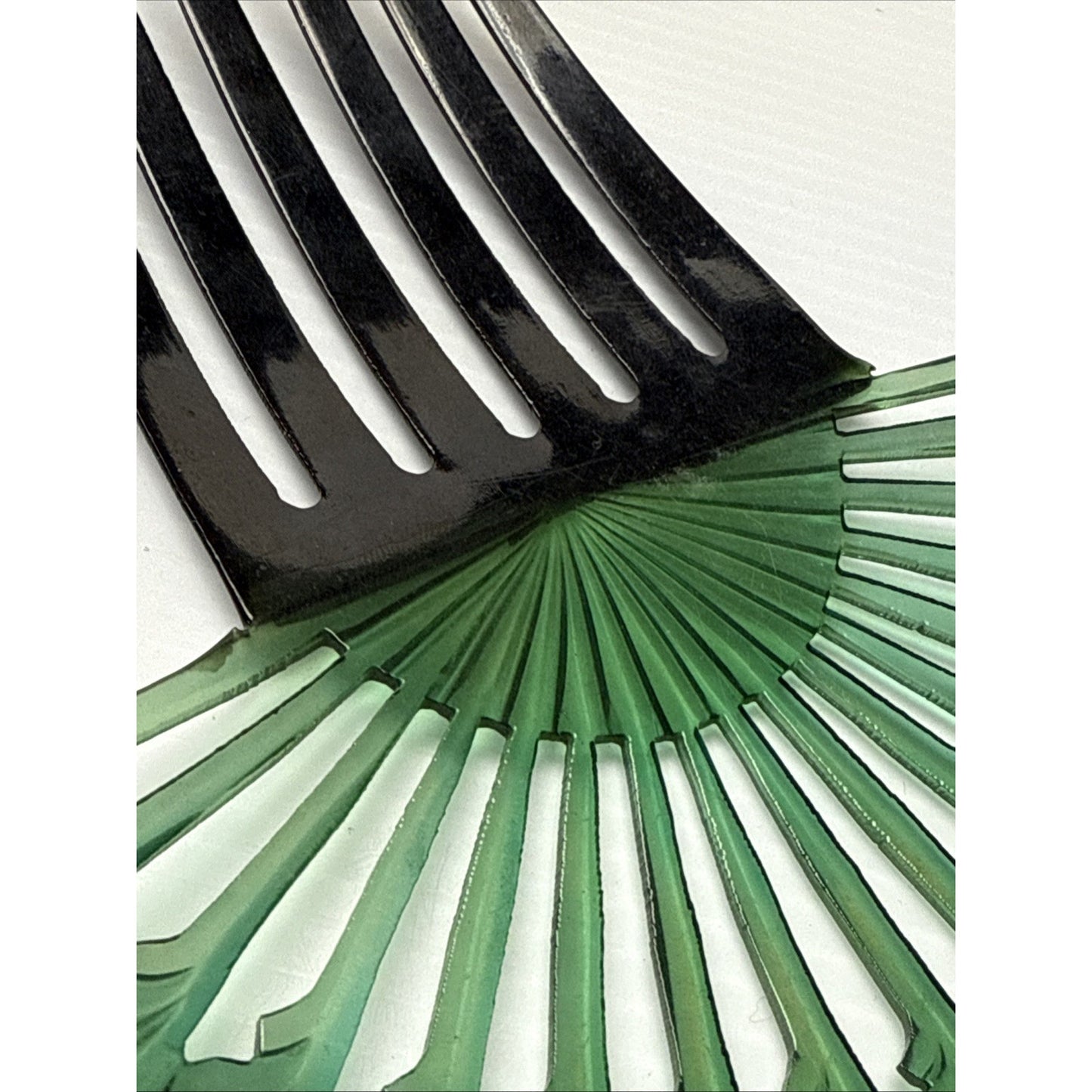 Art Deco Large Fan Shape Hair Comb Green Black Celluloid Rhinestone As-Is
