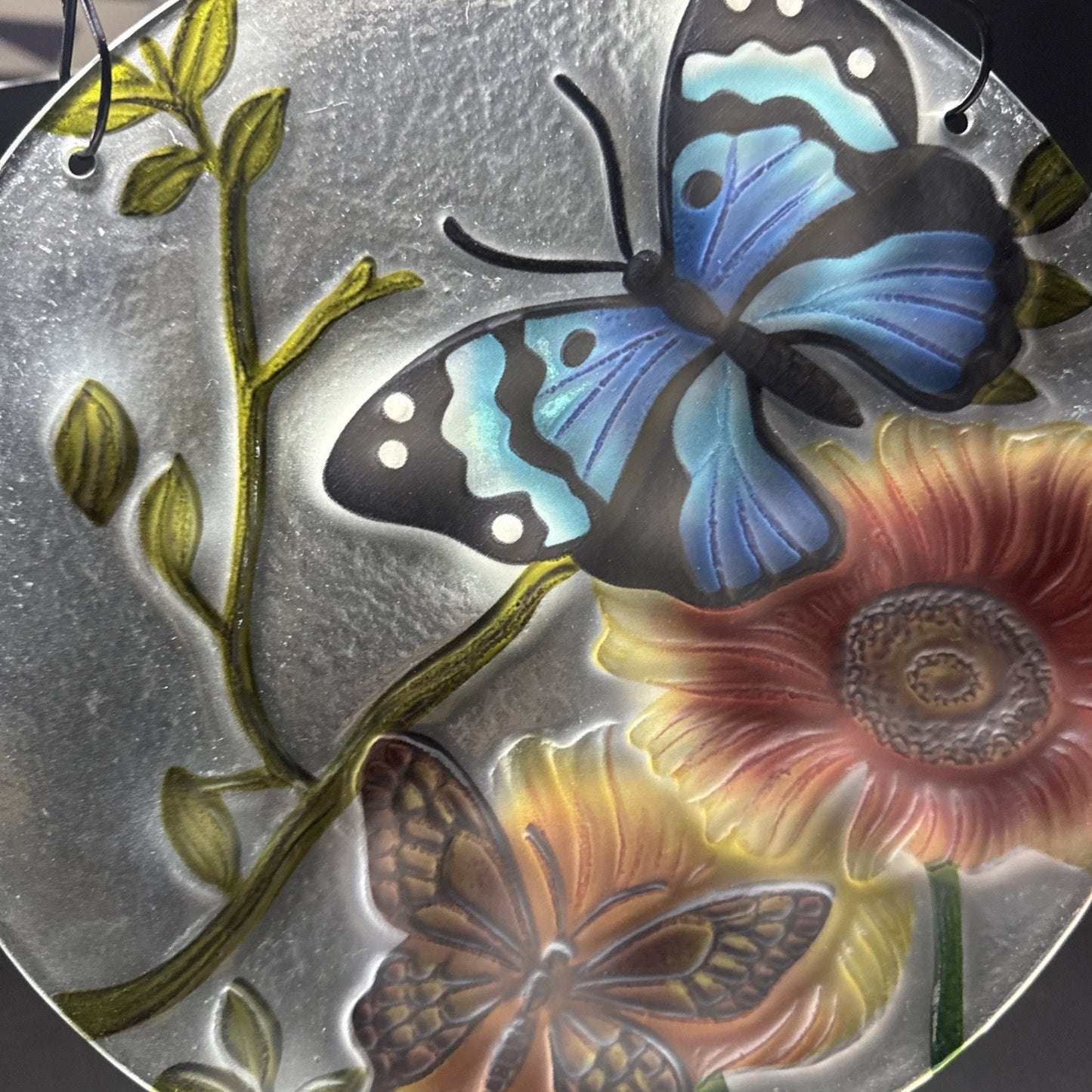 Stained Glass Painted Butterfly Sunflower Suncatcher Rimless Hanging Glass