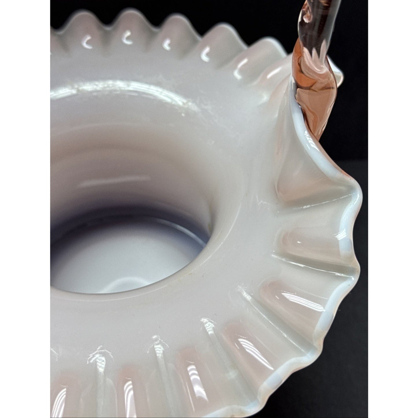 Vtg Fenton Glass Pink Overlay Basket Crimped Bamboo Handle Ruffle Edge As-Is