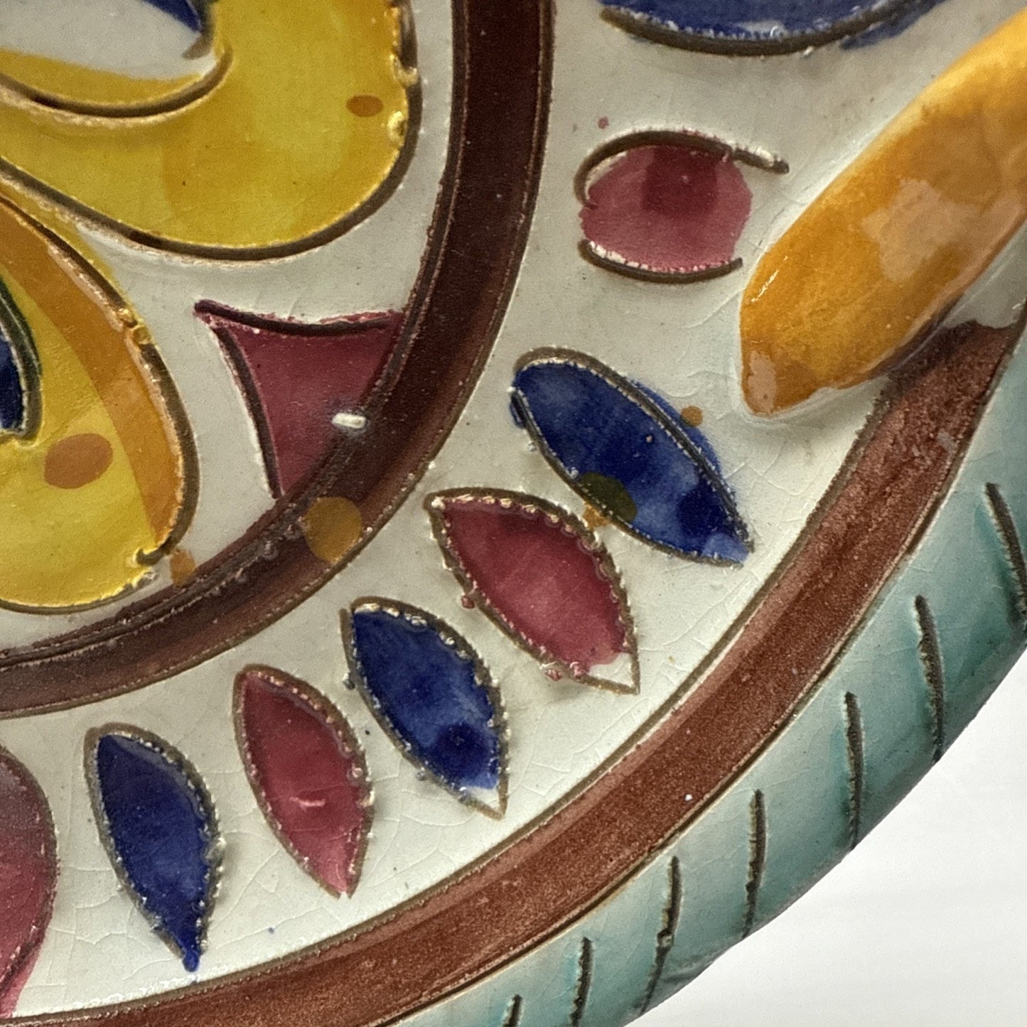 MCM Italy Sgraffito Pottery Cache Candle Base Dish Hand Painted Flower Handles