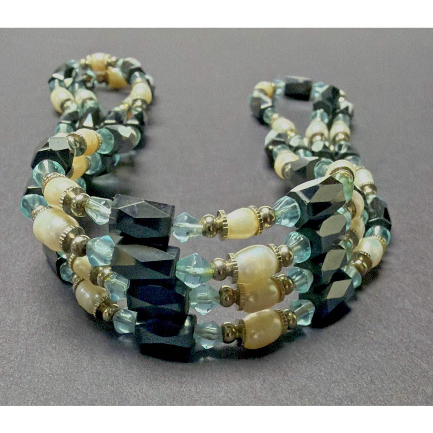 Vintage Layered Beaded Hematite Magnetic Necklace Bracelet Pearl Blue Crystal