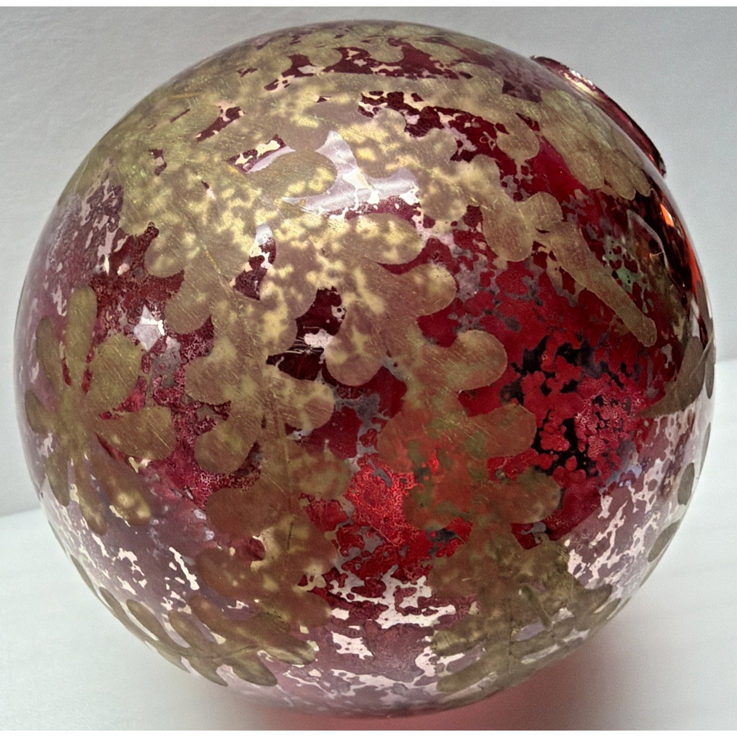 Pottery Barn Red Mottle Mercury Glass Ornament Gold Etched Snowflake As Is Read