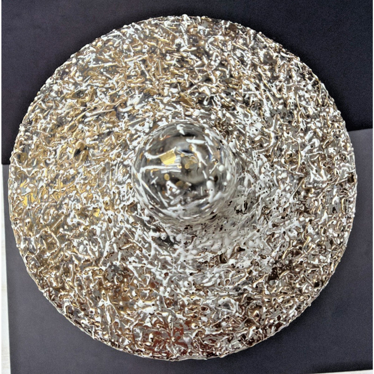 MCM West Virginia Glass Lidded Pedestal Candy Dish Golden Brocade Splatter