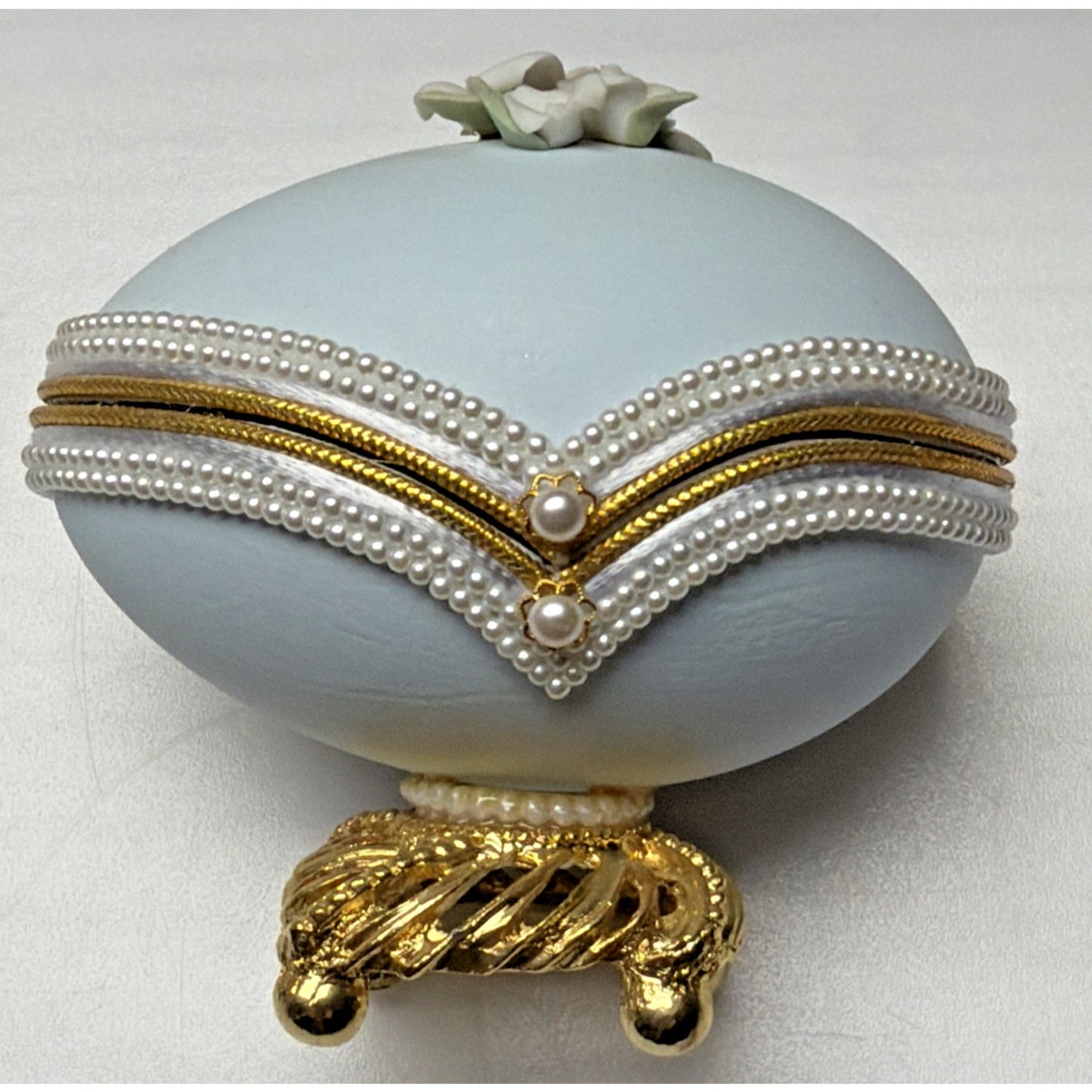Egg Fantasy Hand Decorated Goose Egg Blue Trinket Jewelry Box Porcelain Flowers