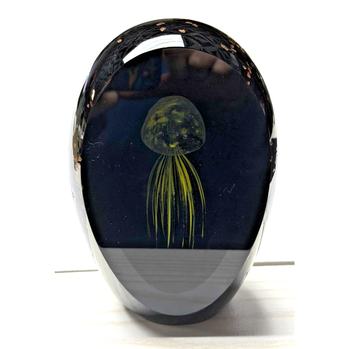 Vtg Black Glass Window Paperweight Aventurine Goldstone Jellyfish UV Reactive