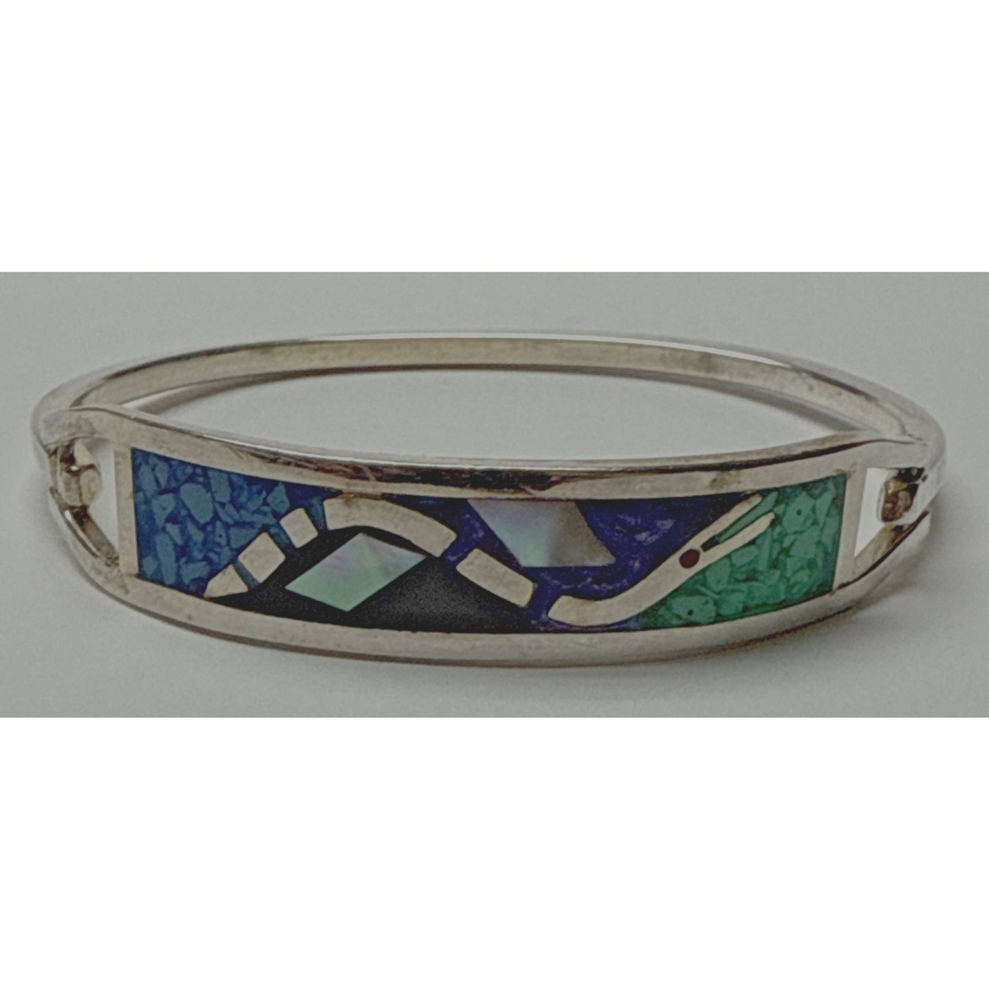 Vtg Taxco Mexico Inlaid Bracelet Snake Abalone Hinged Mother of Pearl Onyx Lapis