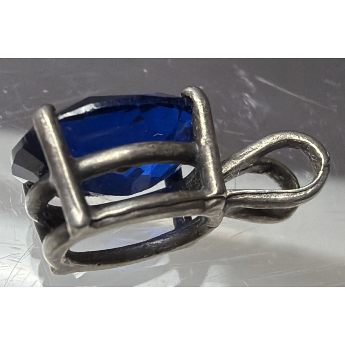 Sapphire Spinel Glass Oval Cut Solitaire Sterling Silver Pendant UV Reactive As