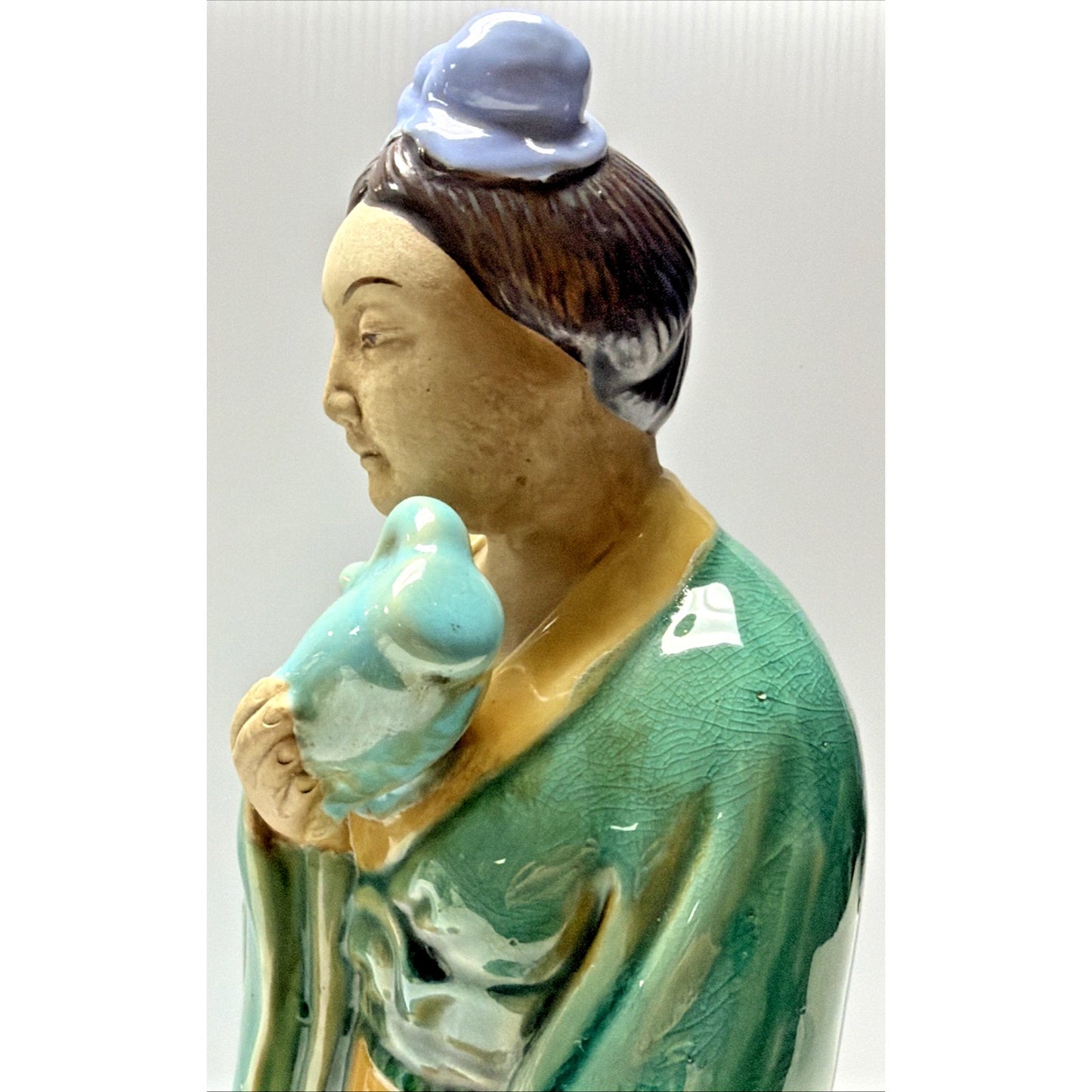 Shiwan Mudman Pottery Chinese Celadon Glazed Woman Sculpture Pitcher Bow