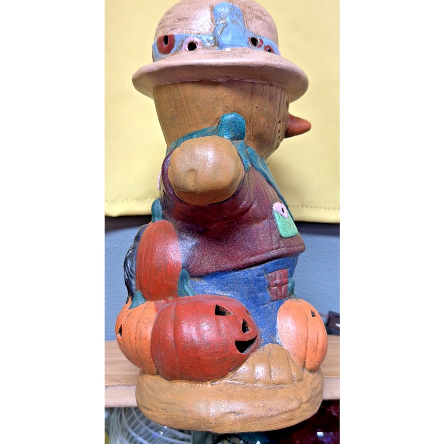 Vintage Ceramic Scarecrow Lamp Hand Painted Pumpkin Jack O Lantern Reflection