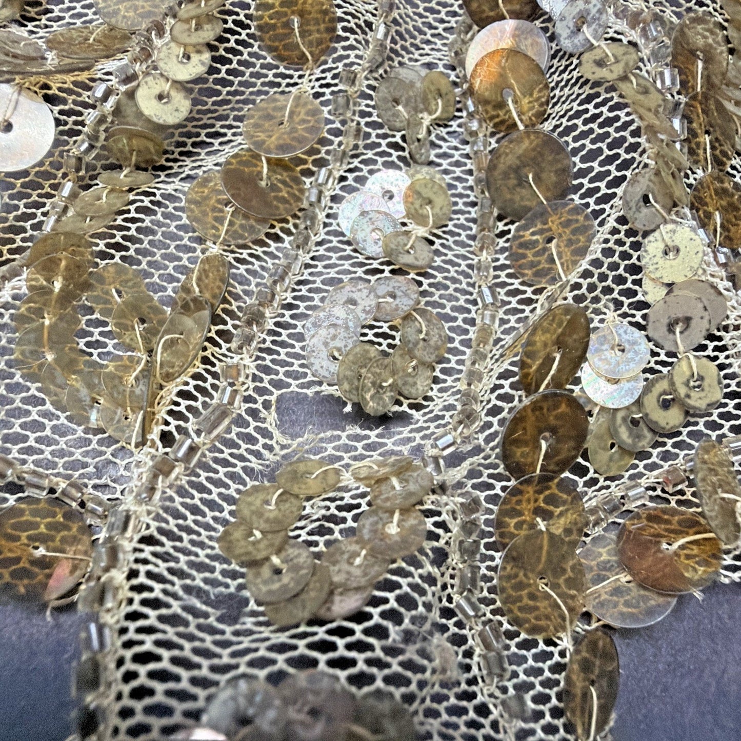 Antique Gold Sequined Tulle Lace Applique Bow Adornment As Is