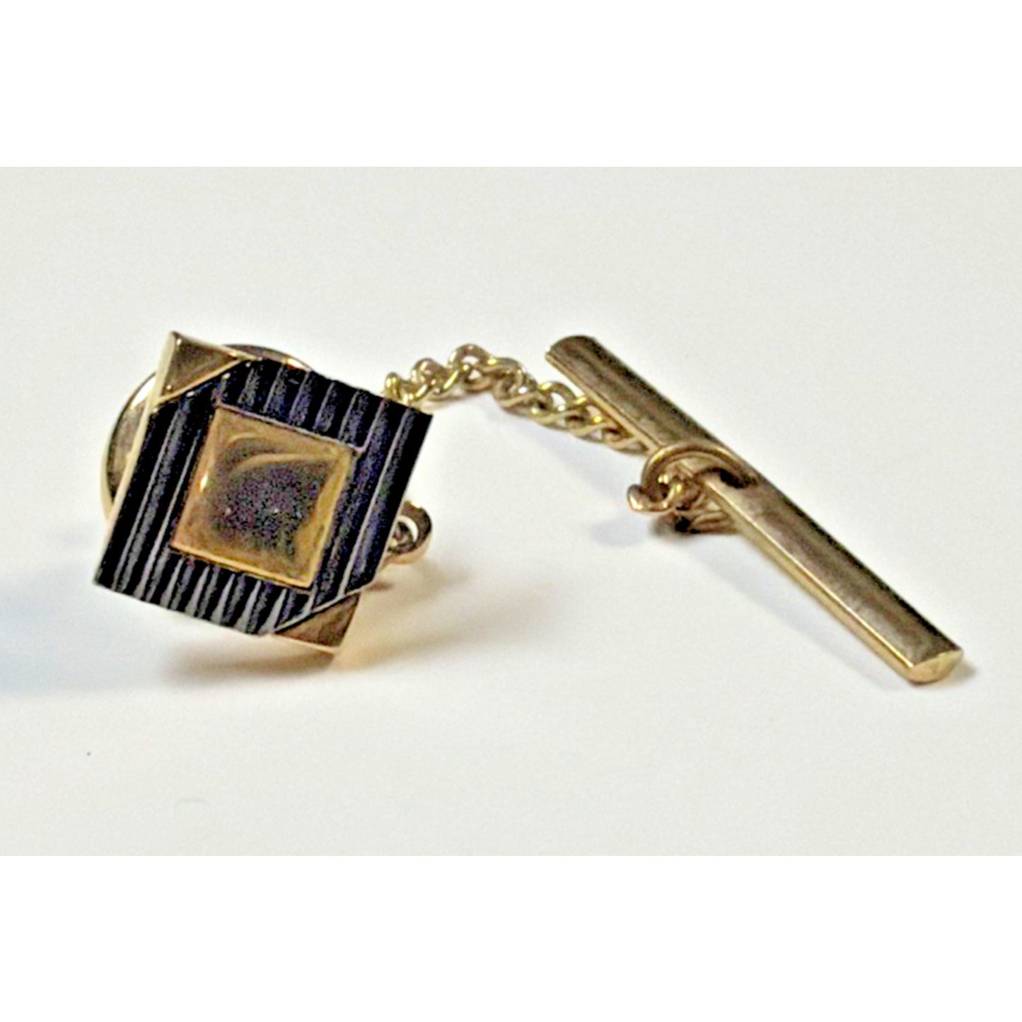 Vintage Pierre Cardin Square Black Lined Gold Tone Tie Bar Pin Tack