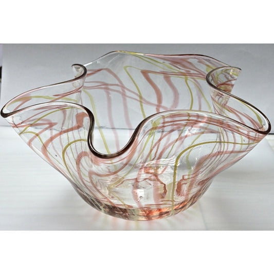 Vintage Studio Art Glass Abstract Star Shaped Bowl Multicolor Ribbon Wavy Rim
