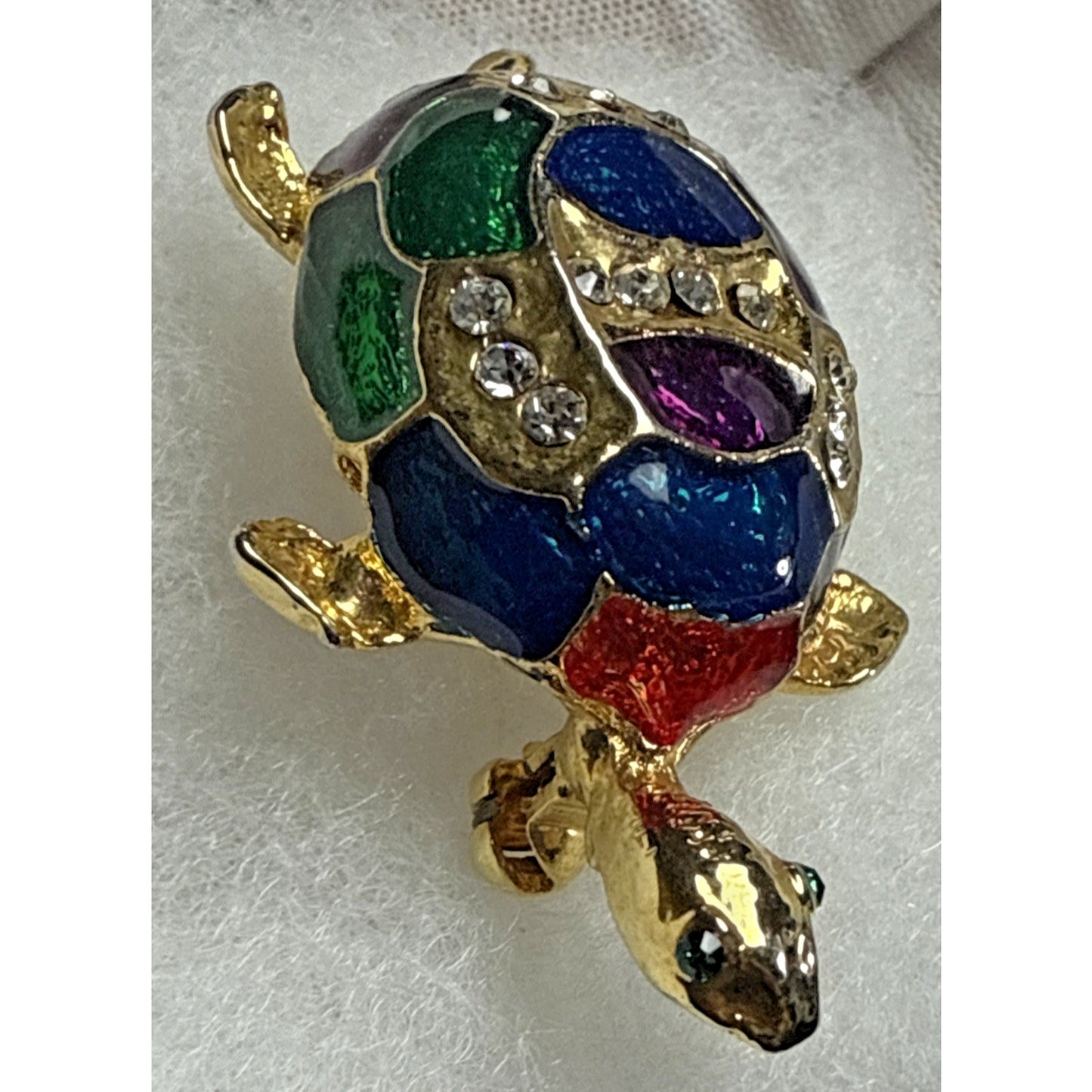 Vintage Rhinestone Guilloche Enamel Painted Turtle Tortoise Brooch Pin