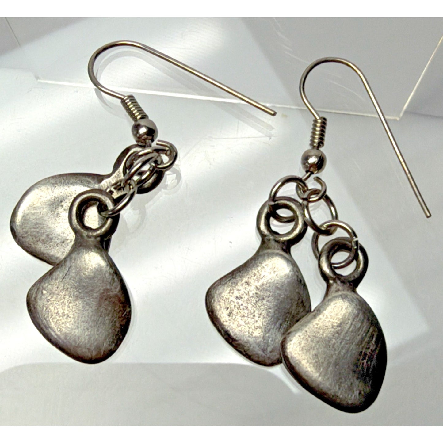 Modernist Silver Kidney Bean Tear Drop Leaf Dangle Earrings Handmade As Is