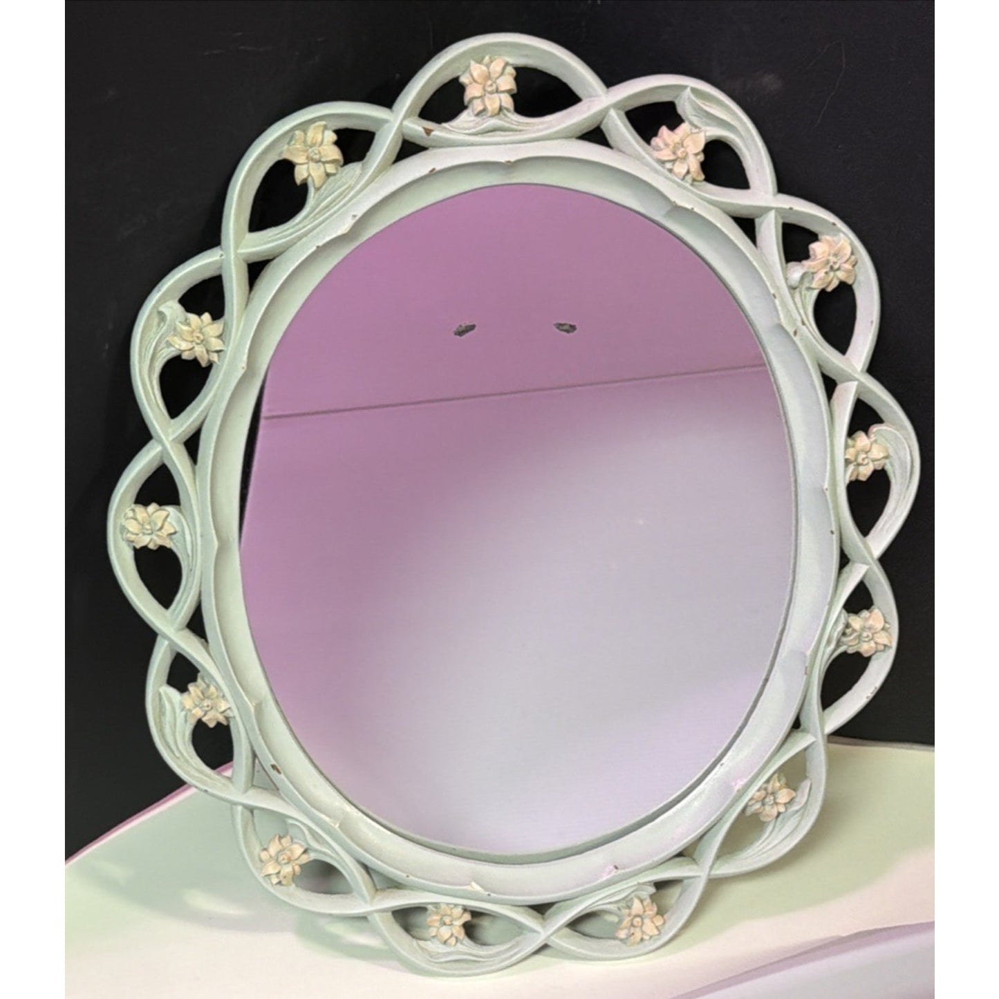 Vintage Syroco Wood Ornate Standing Hanging Mirror Green Pink Flower Buds As Is