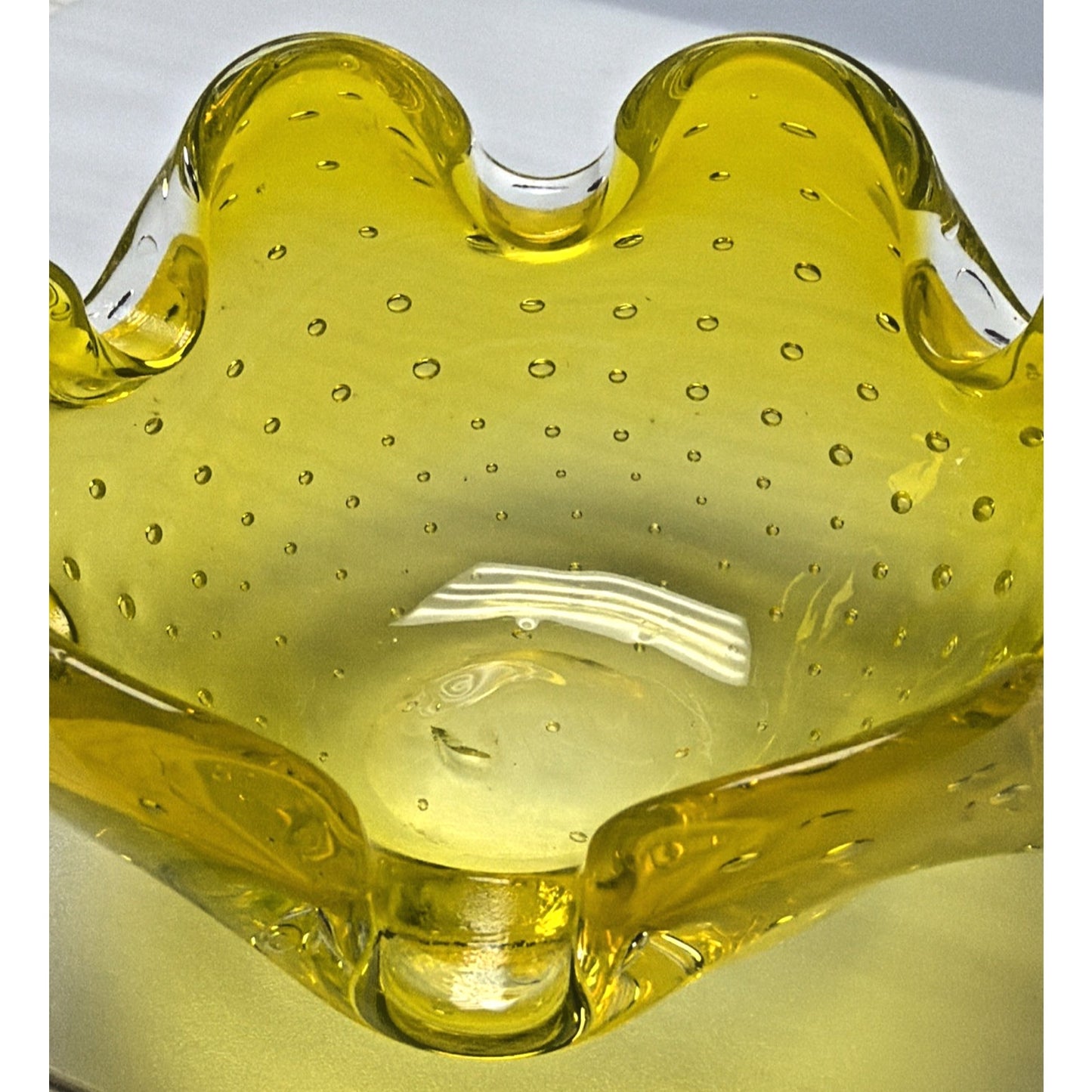 Vtg Kreiss Art Glass Bullicante Canary Yellow Controlled Bubbles Bowl Ashtray