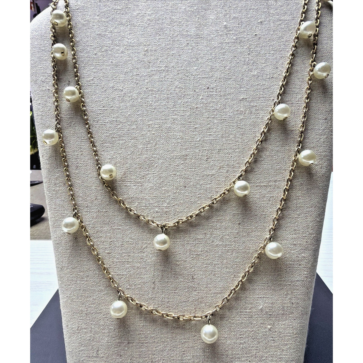 Vintage Tammey Jewels Faux Pearl Drop Necklace Gold Tone Metal Signed Oval Link
