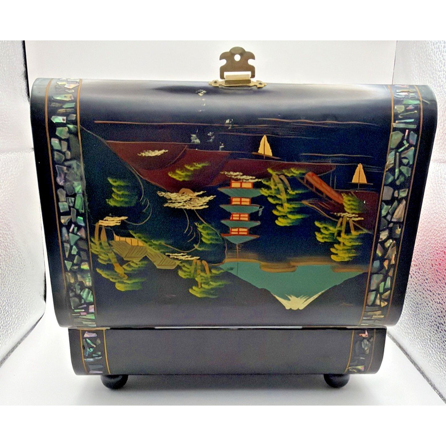 Vintage Japanese Lacquer Jewelry Music Box Lined Hand Painted Mt Fuji Works