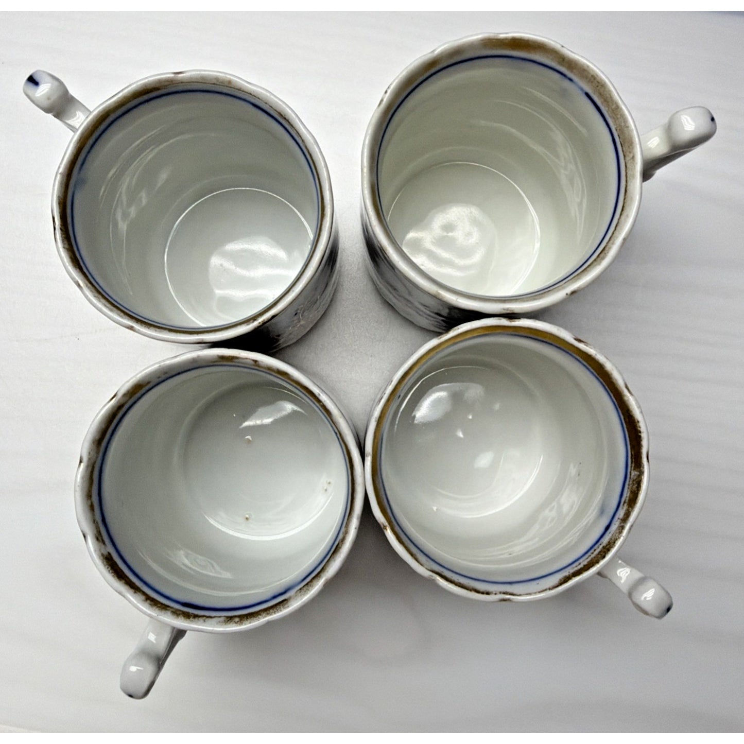 Antique Lot of 4 Flow Blue Hand Painted Blue Onion Ring Mugs Cups C Handle As Is