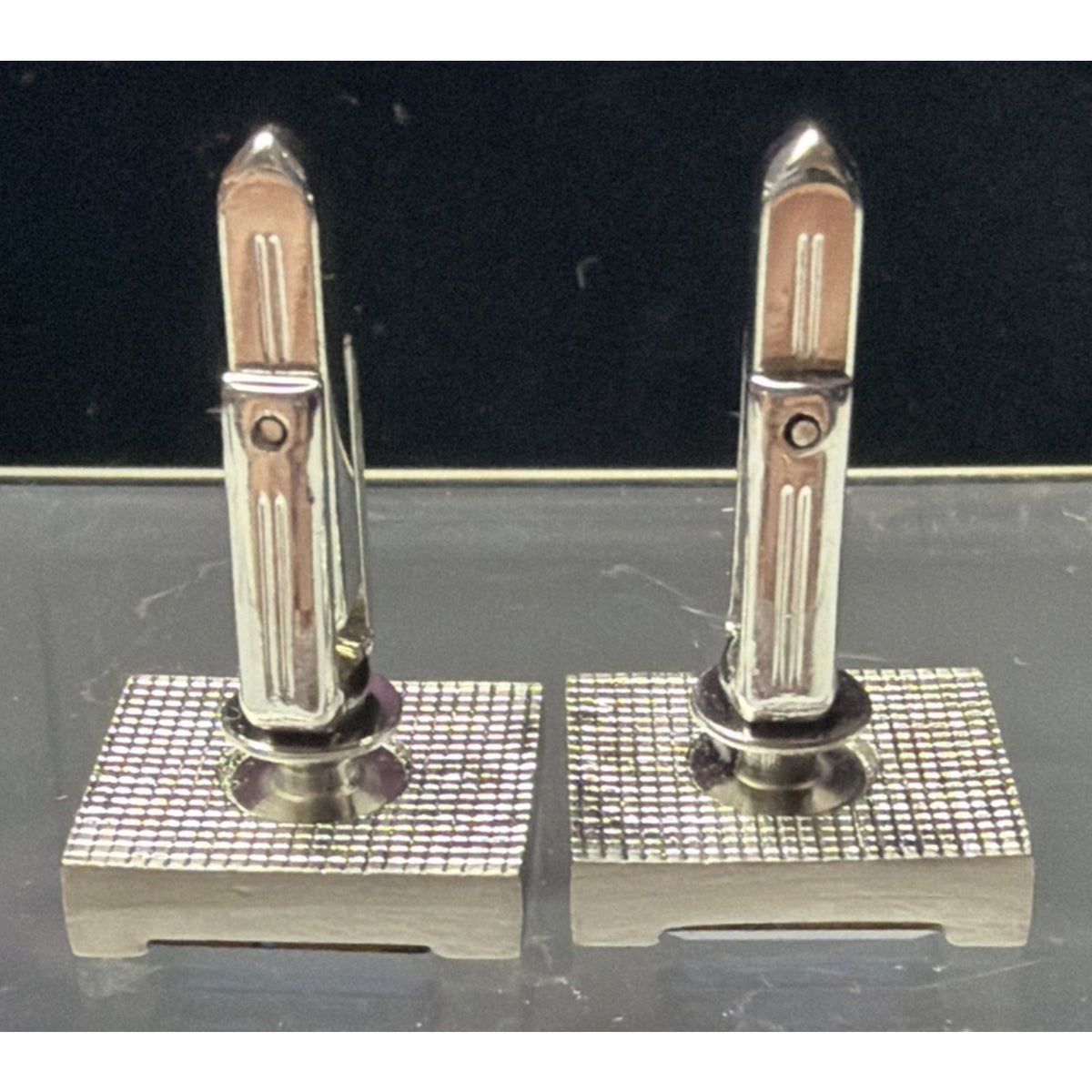 Vintage Hickok Blue Baguette Glass Cufflinks Silver Tone Geometric Modernist Box