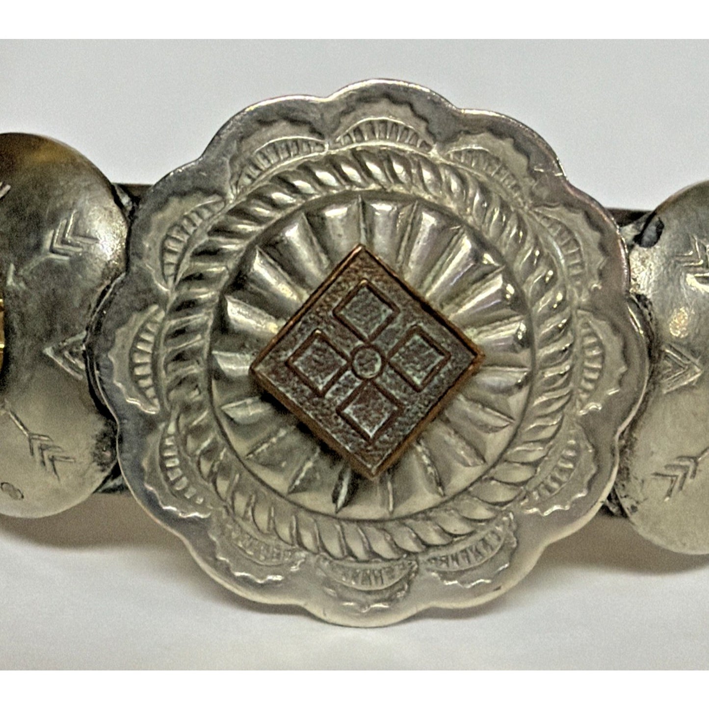 Victorian Brass Hinged Embossed Cuff Bracelet Mixed Metal Concho Western As Is