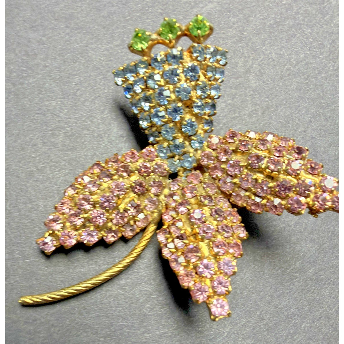 Vtg Unsigned Hobe Pave Crystal Fuchsia Flower Brooch UV Reactive As Is Damage