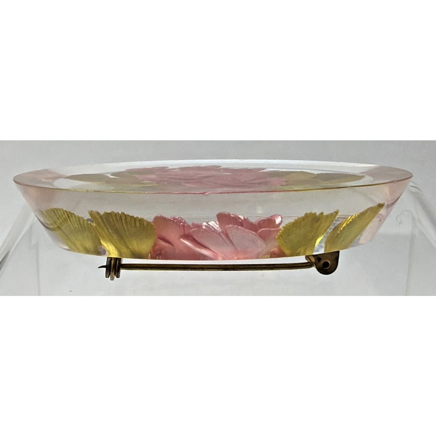 Vintage Clear Lucite Pin Brooch Rose Flower Bud Floral Pink Green Leaves