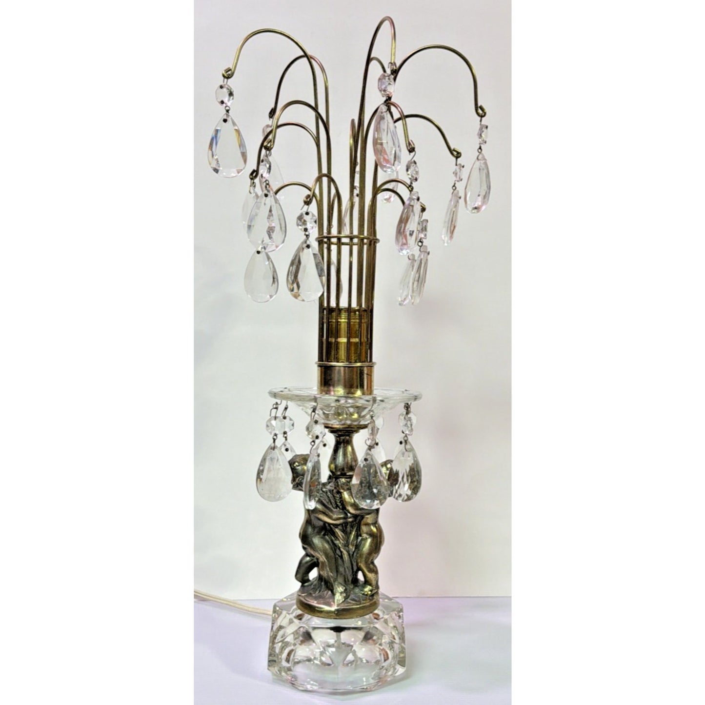 MCM Hollywood Regency Crystal Glass Brass Metal Waterfall Lamp Cherubs As Is