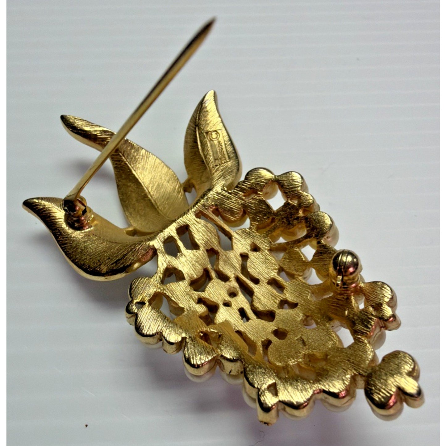 Vintage Crown Trifari Faux Pearl Rhinestone Grape Cluster Brooch Pin Gold Tone
