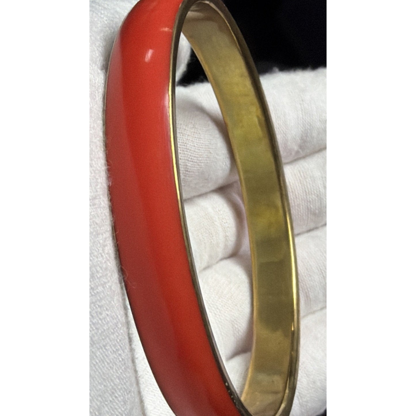 Vintage Gold Tone Metal Brass Bangle Bracelet Orange Red Celluloid Lucite