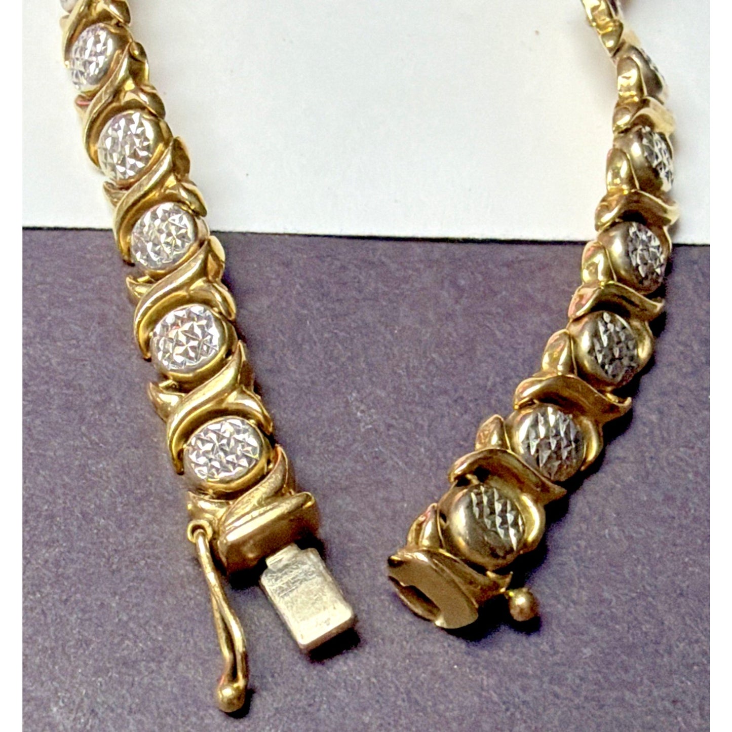 14k Yellow White Gold Diamond Cut XO Link Bracelet Stampato Turkey 9.92 grams