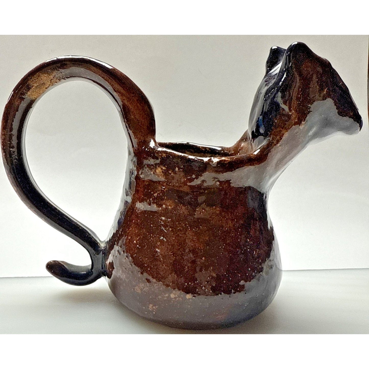 Studio Art Pottery Zoomorphic Clay Glazed Pitcher Mug Handle Signed Mug Spooner