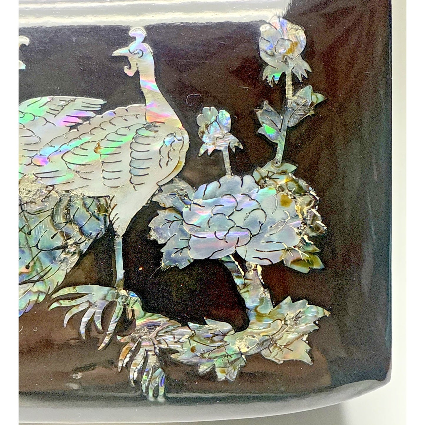 Vtg Lacquer Mother Of Pearl Inlay Turtle Latch Peacock Jewelry Ring Box Mirror