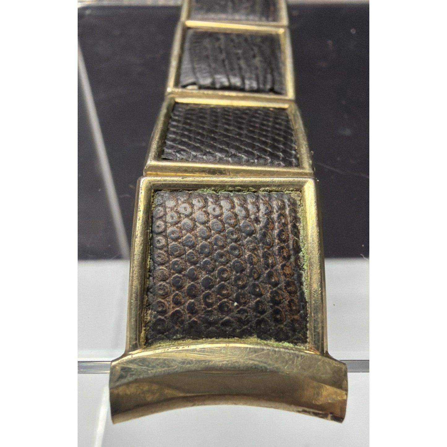 Vtg Speidel Yellow Gold Filled Watch Band Dark Brown Lizard Leather Curved As Is