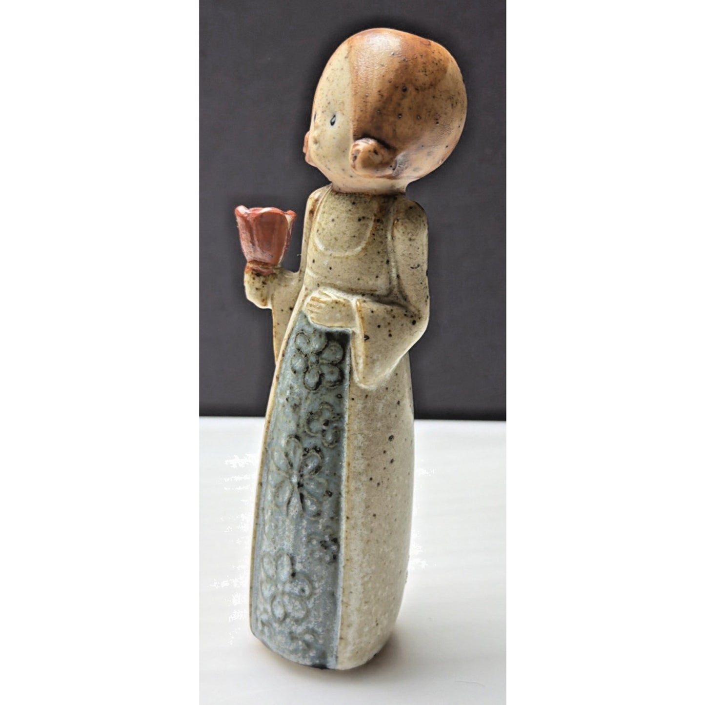 Vtg Uctci Pottery Stoneware Figurine Candle Holder Woman Girl Red Bell Flower