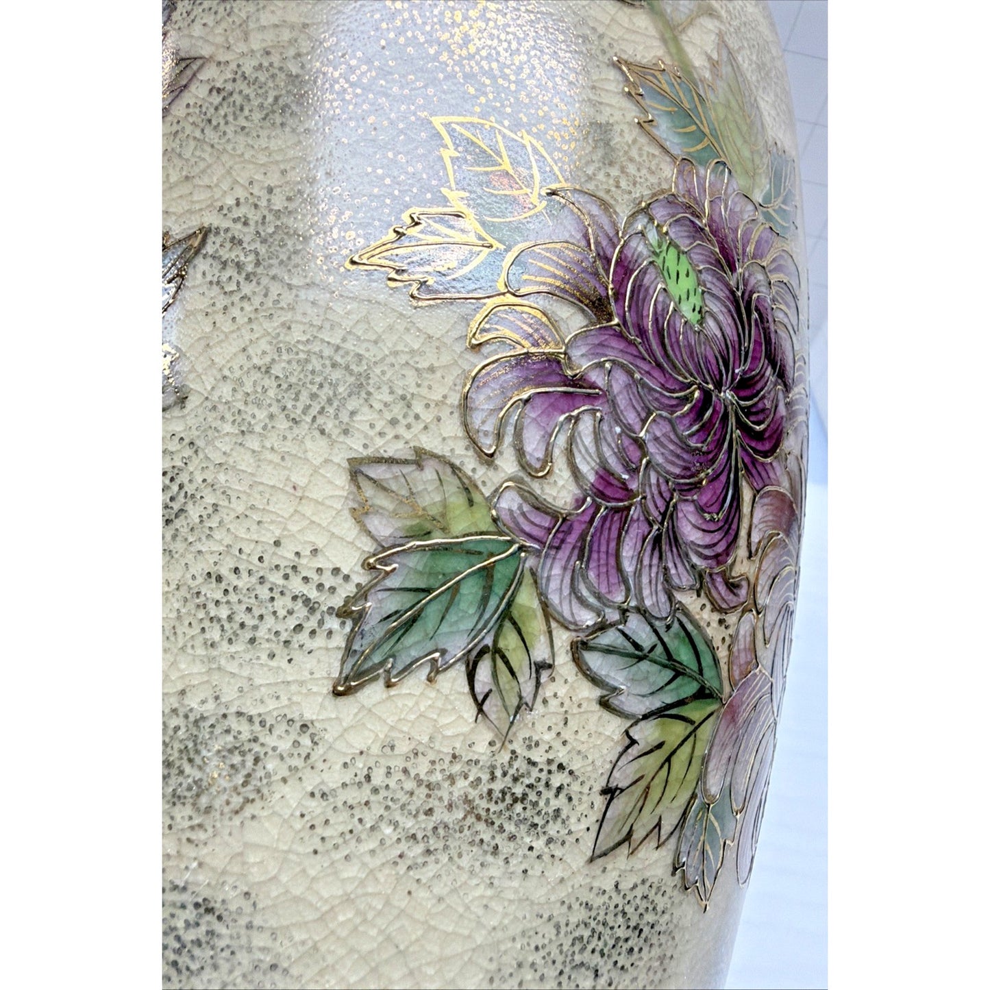 Old Hand Painted Japanese Satsuma Vase Crackle Gold Gilded Birds Floral Birdcage