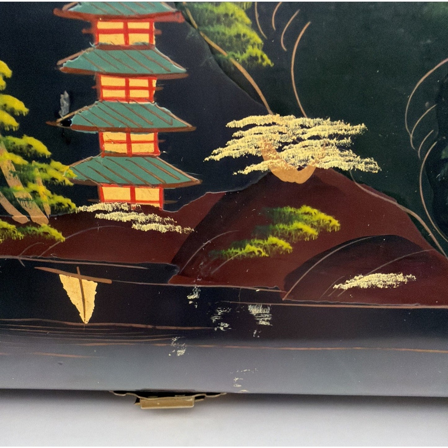 Vintage Japanese Lacquer Jewelry Music Box Lined Hand Painted Mt Fuji Works