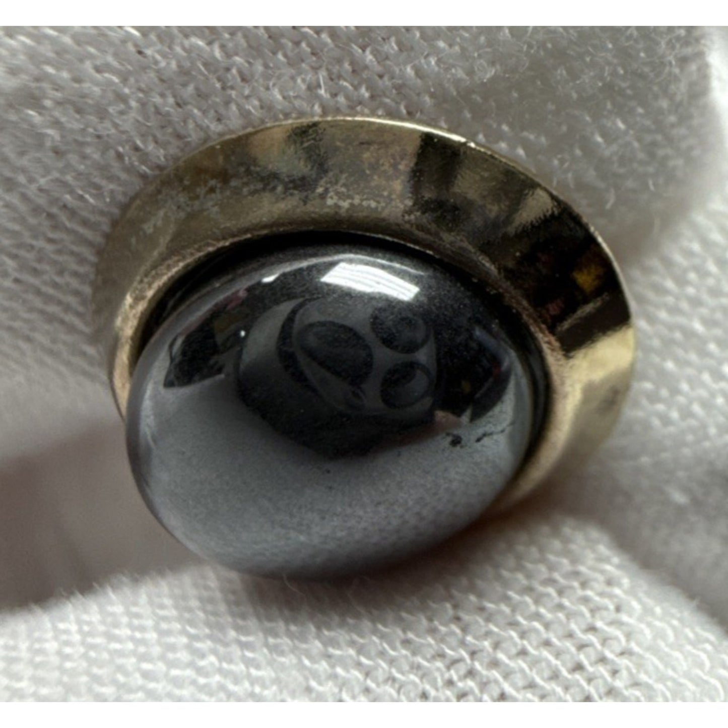 Vintage Gold Tone Metal Hematite Cabochon Earrings Oval Post Stud Large As-Is